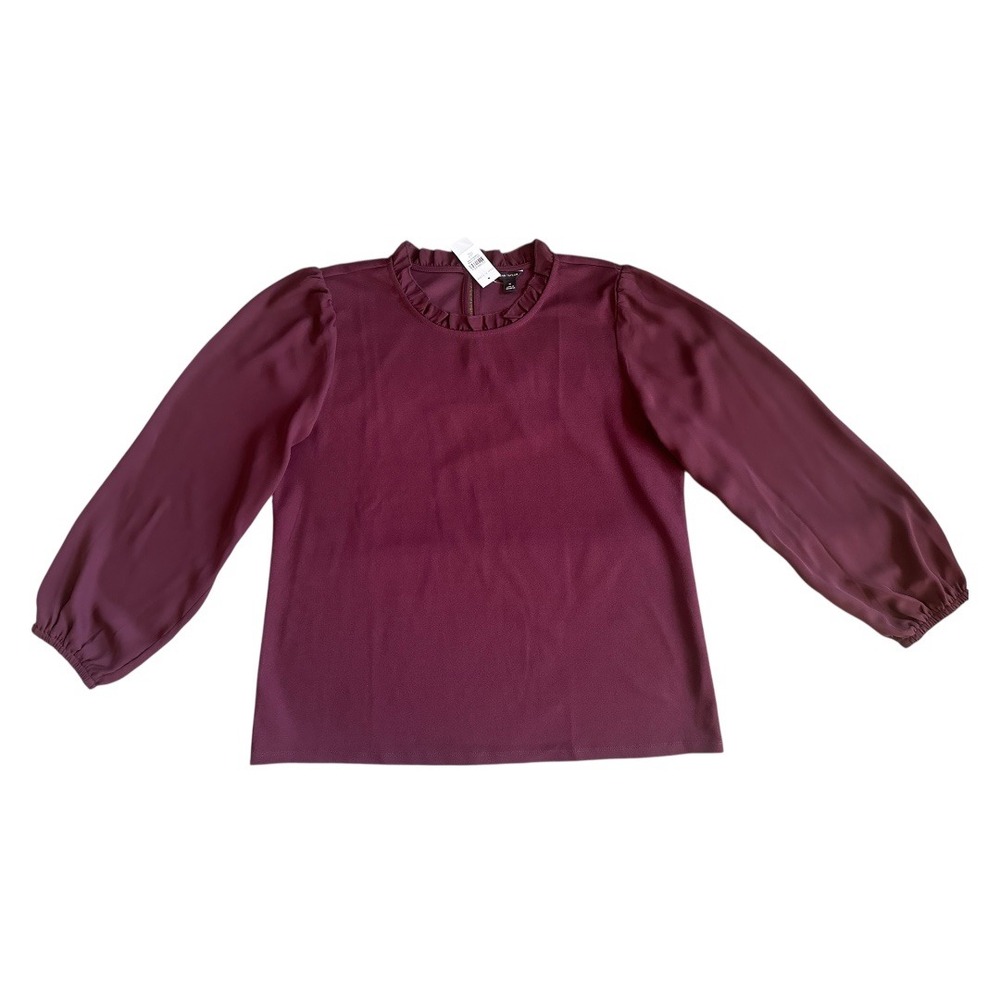 Ann Taylor Womens XL Ruffle Neck Puff Sleeve Blouse Burgundy Plum Top New